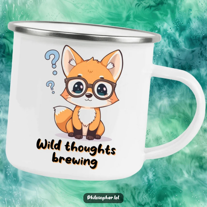Funny camping mug with a curious fox cub wearing spectacles, pondering a question mark, perfect for outdoor enthusiasts and deep thinkers.
