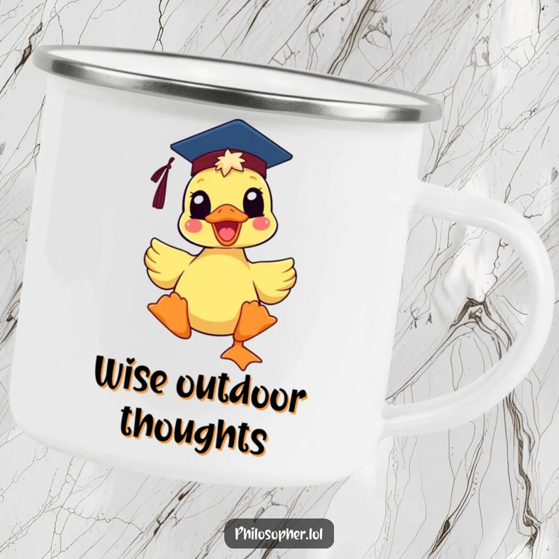 Funny delighted duck wearing a mortarboard hat, on a durable camping mug, ready for outdoor celebrations and smart adventures.