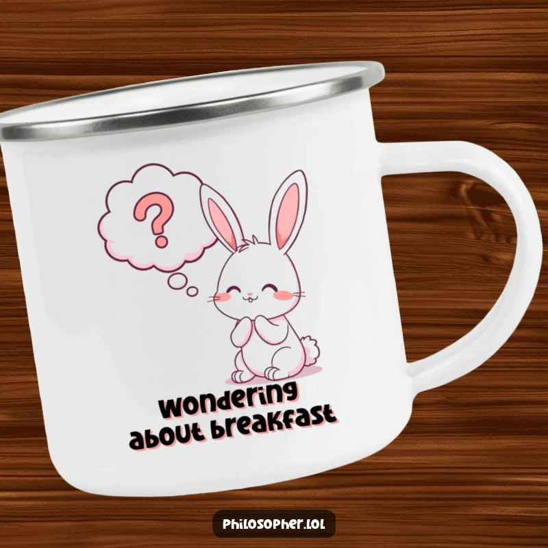 Funny bunny question mark camping mug, a cheerful bunny contemplating a giant question mark in a thought bubble.