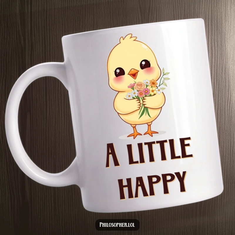 Funny cheerful chick, offering a tiny bouquet of flowers, on a mug, embodying sweetness, joy, and a delightful surprise.