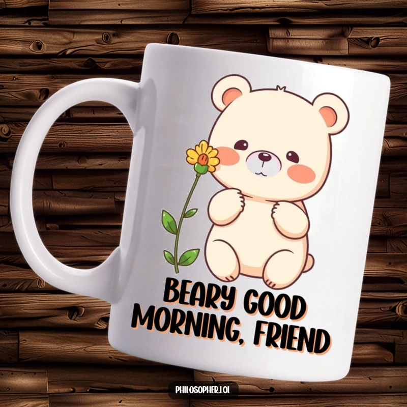Funny bear mug, beaming bear gesturing thoughtfully towards a single flower, nature appreciation, calm woodland scene.