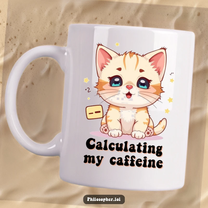 Funny kitten mug, a happy kitten with starry eyes pondering a complex floating mathematical equation.