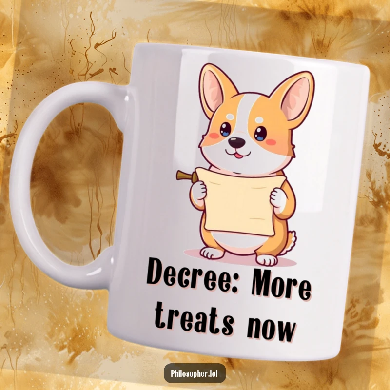 Funny corgi mug featuring a determined corgi proudly holding a tiny scroll, symbolizing important news and humor.