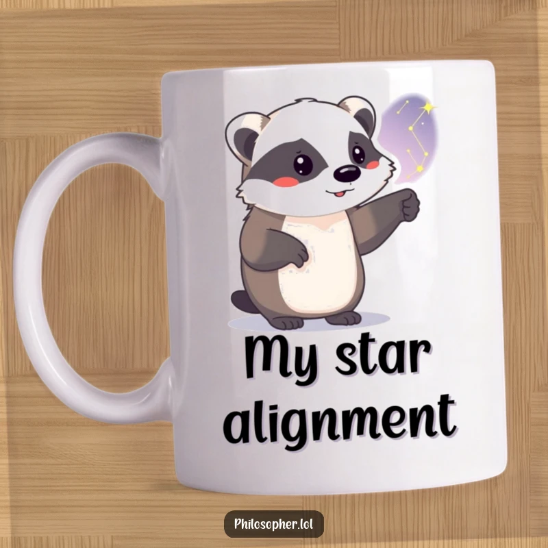 Funny badger mug, pointing proudly at a constellation in the night sky, stellar astronomy theme, whimsical and humorous.