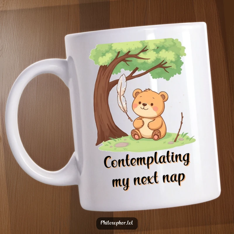 Funny happy bear sits peacefully under a tree, pondering a floating feather, lost in quiet contemplation.