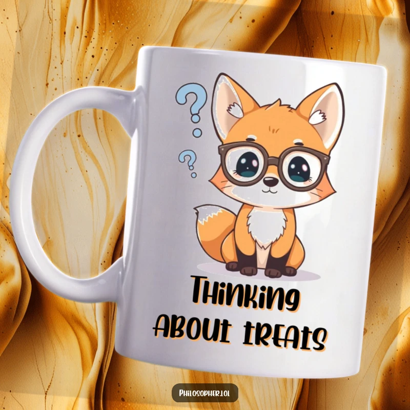Funny mug with a curious fox cub wearing spectacles, thoughtfully pondering a floating question mark, an intellectual and humorous design.