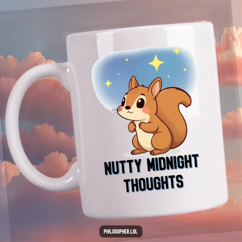 Funny mug showing a determined squirrel gazing intently at a vast, starry night sky, symbolizing big dreams and ambition.