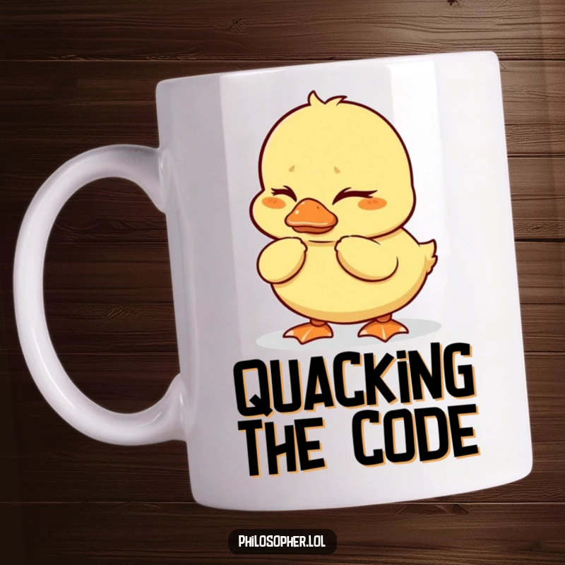 Funny duckling mug featuring a wobbly duckling with furrowed brows, deep in thought and hilariously serious.