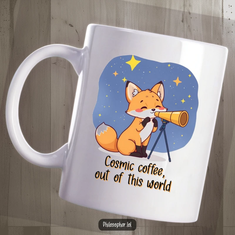 Funny Fox Mug: A curious fox peers through a telescope at a starry night sky. This humorous design captures wonder, perfect for a funny gift.