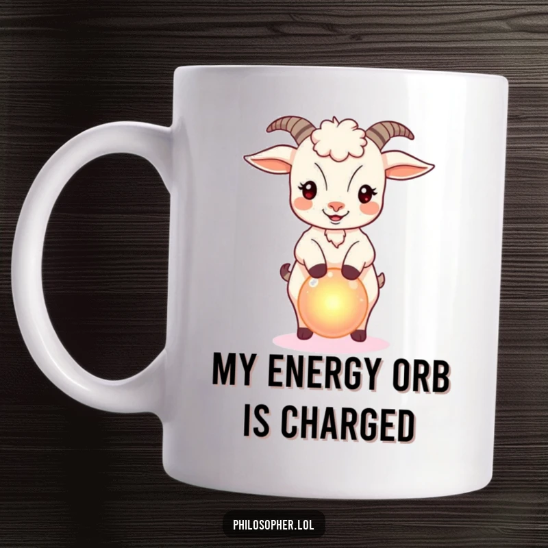Funny mug depicting a bouncy goat skillfully balancing a small, glowing orb, symbolizing magic and agility.