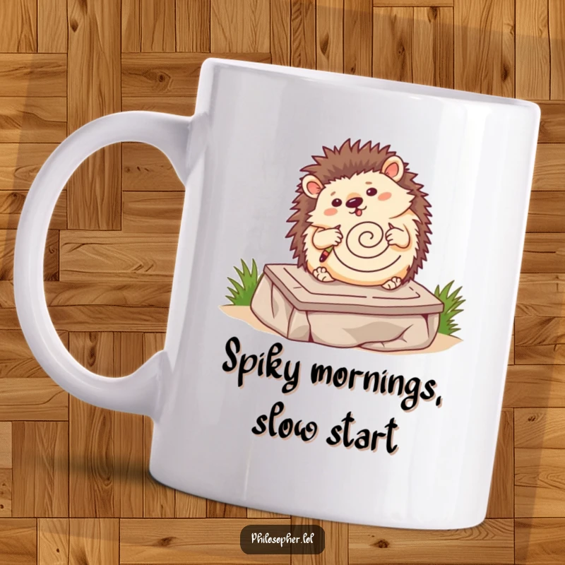 Funny hedgehog mug, wobbling hedgehog drawing a spiral on a stone tablet, quirky artist, adorable pet design.