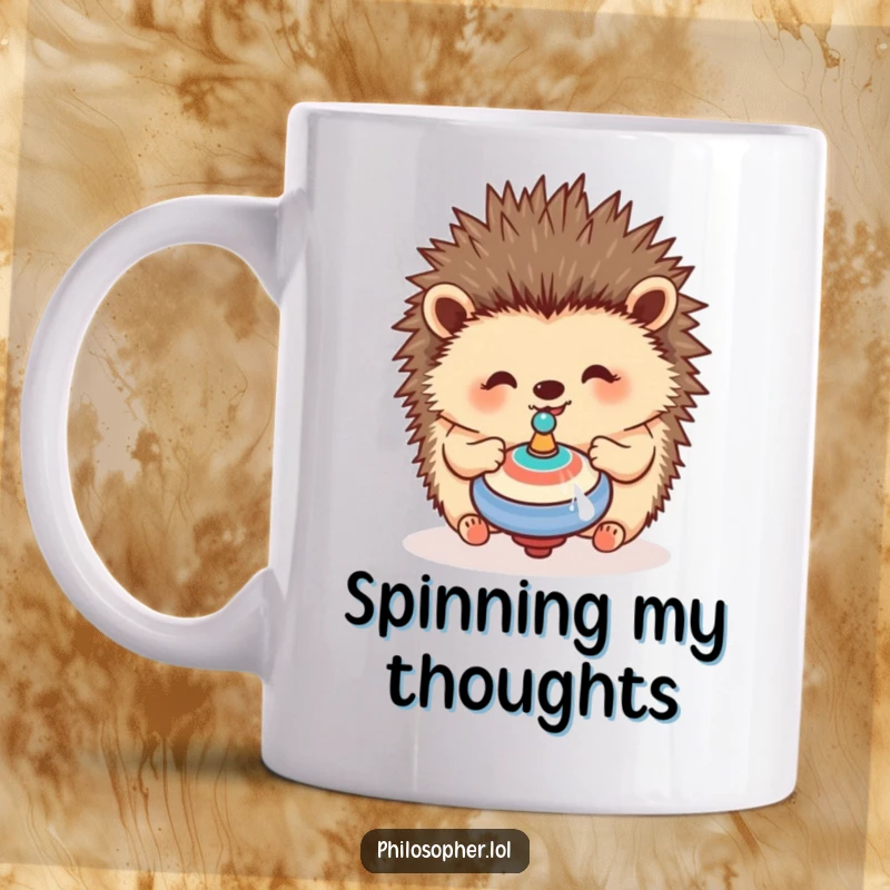 Funny hedgehog mug featuring a happy hedgehog contemplating a spinning top with delightful curiosity and joy.