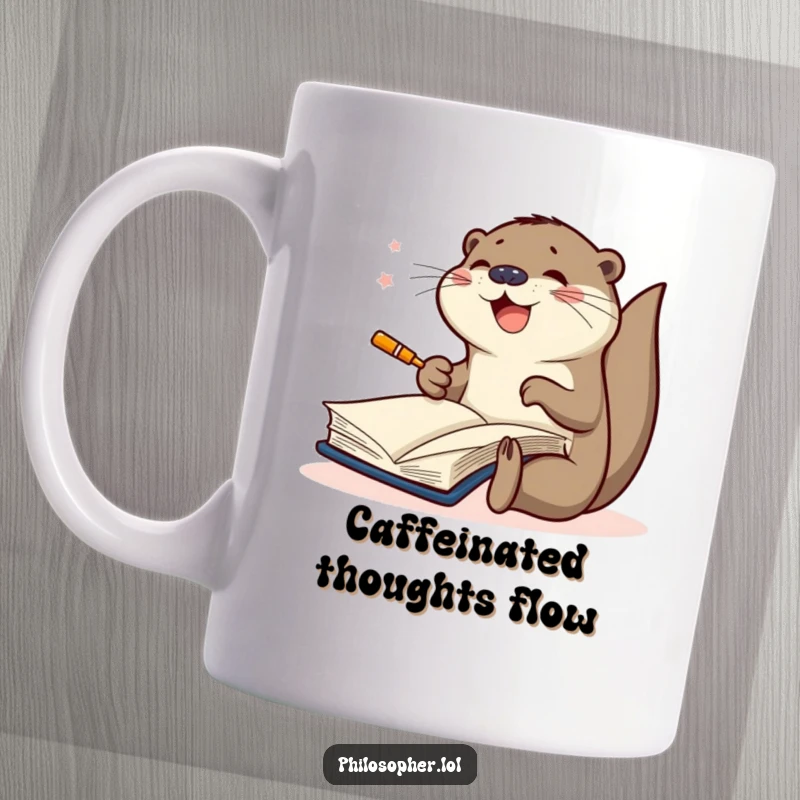 Funny mug showing a joyful otter furiously scribbling in a large book, depicting intense creativity and artistic passion.