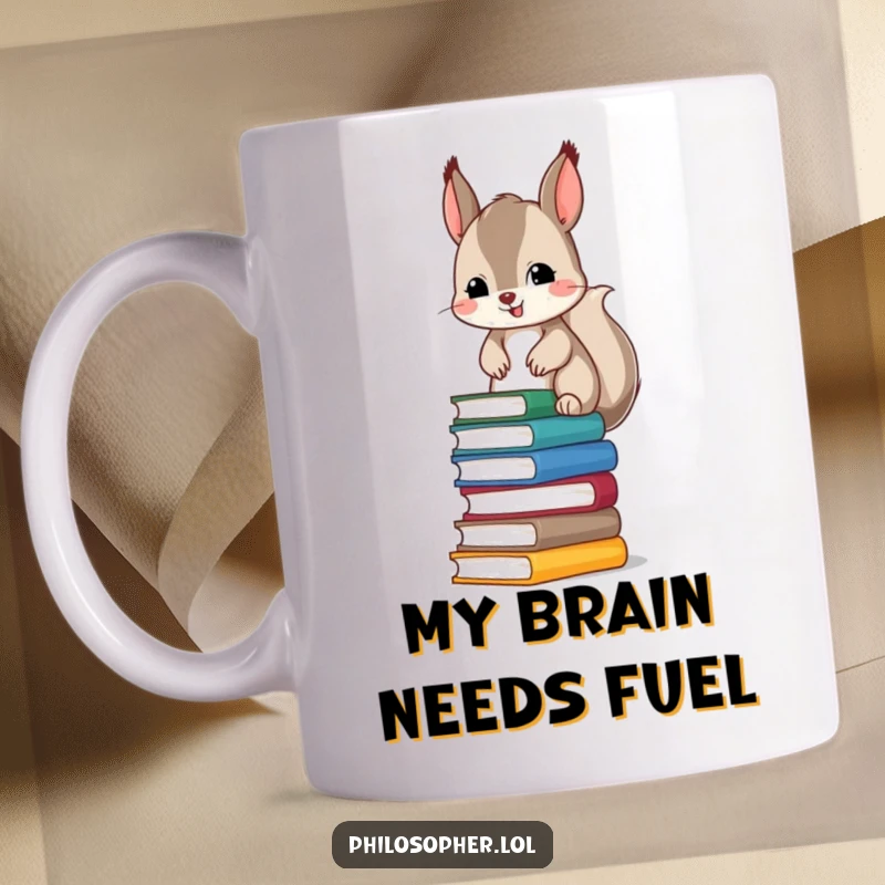 Funny mug with a mischievous squirrel struggling to balance a tall stack of colorful books, conveying a humorous, relatable academic struggle.