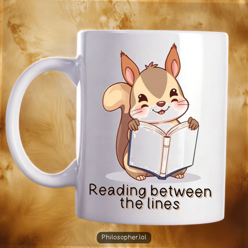 Funny mug with a playful squirrel holding a tiny book open upside down, looking confused, great for book lovers.