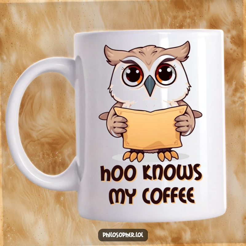 Funny owl with wide eyes holding ancient scroll, curious animal mug, perfect gift for mystery lovers.