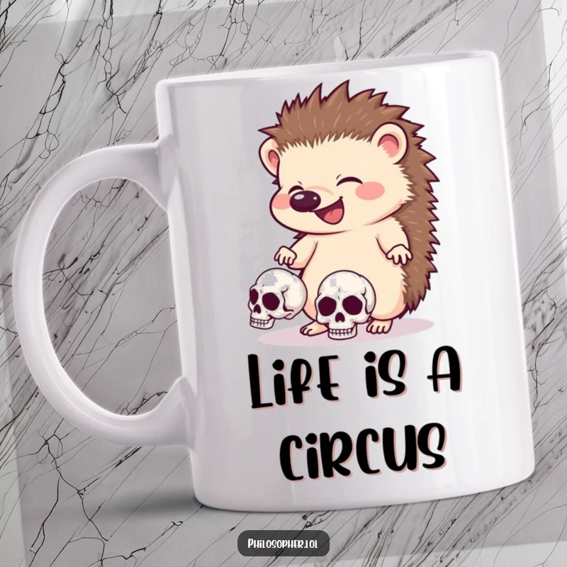 Funny hedgehog mug, giggling and happy, juggling three tiny skulls, dark humor theme, whimsical and creepy.