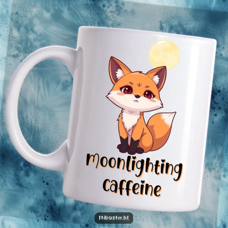 Funny mug featuring a determined fox staring intently at the moon, with an expression of deep, humorous contemplation.