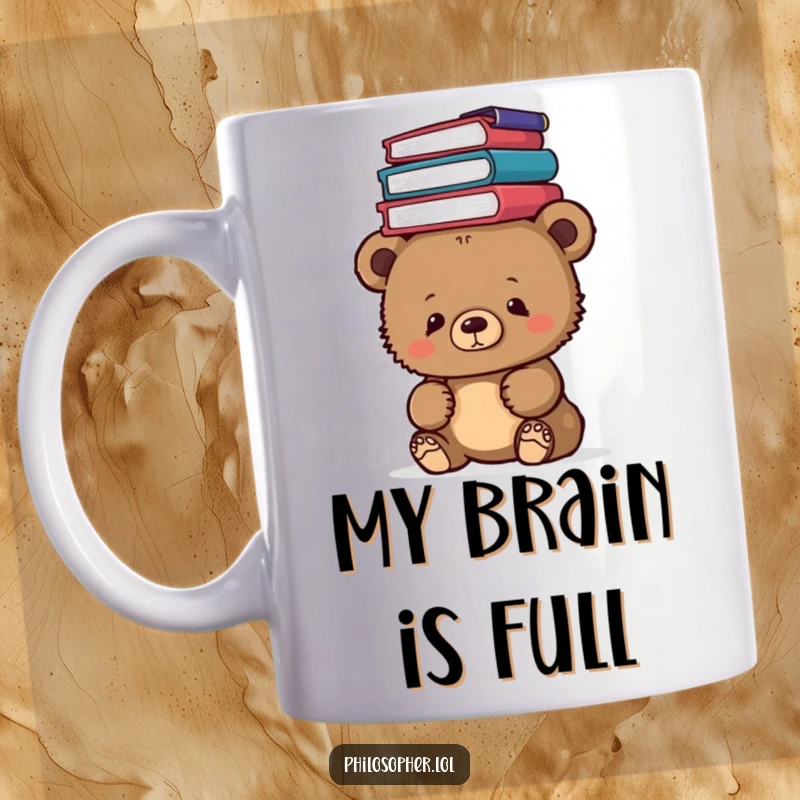 Funny bear cub artfully balancing philosophy books on its head, looking curious on a mug, great for bookworms.