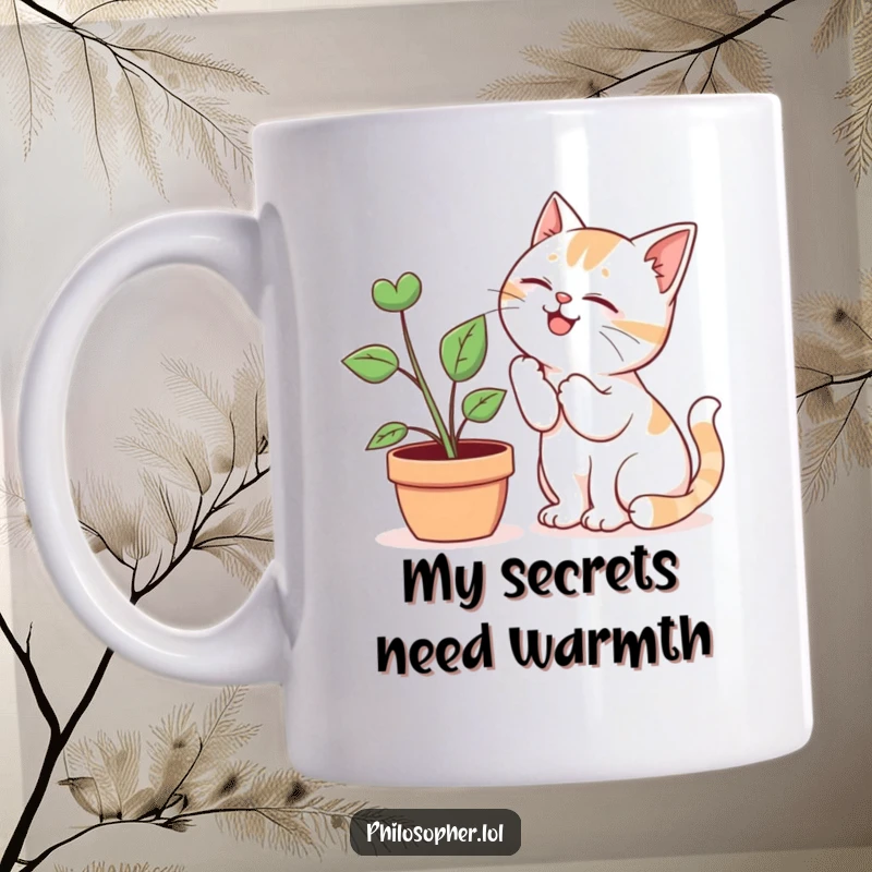 Funny Mug: A giggling cat intimately whispering secrets to a green potted plant with eyes full of affection.