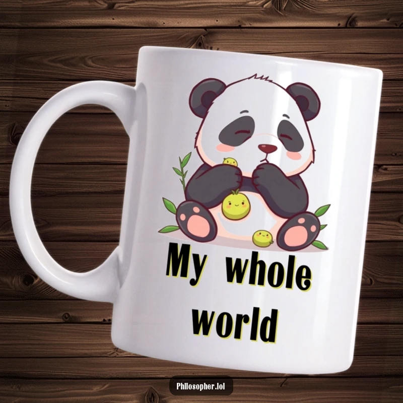 Funny mug showing a panda with intense focus, contemplating a single green pea like it holds the secrets of the universe.