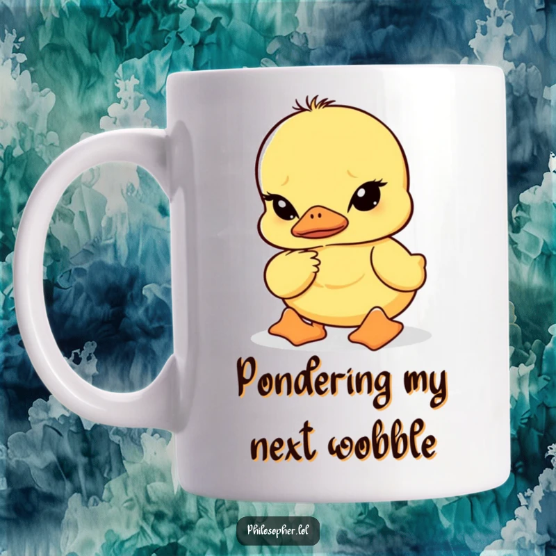 Funny mug showing a wobbly duckling with furrowed brows concentrating intensely, embodying comical contemplation and intellectual humor.