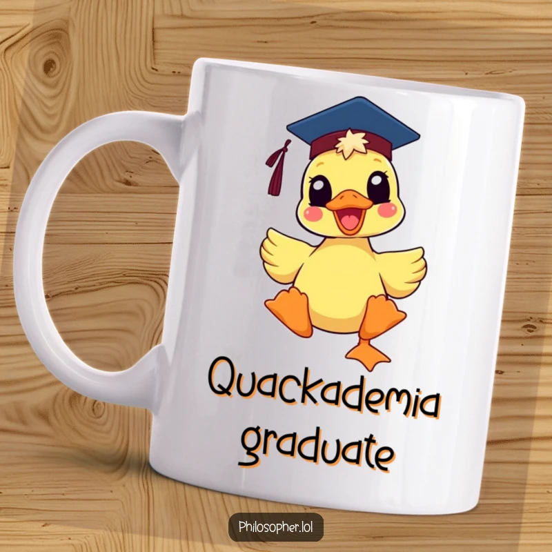 Funny delighted duck wearing a mortarboard hat, looking proud and happy, on a mug, celebrating graduation with humor.