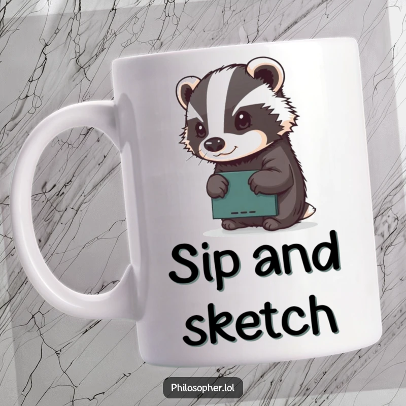 Funny mug with a determined badger intently sketching on a miniature chalkboard, showcasing artistic focus and woodland charm.