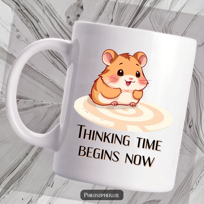 Funny hamster labyrinth mug: a smiling hamster looking thoughtfully at a complex maze, representing contemplation and intellect.