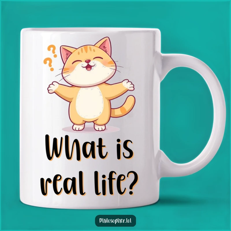 Funny Cat Mug: Giggling Kitty Questioning Reality Spin, Absurdist Gift Idea