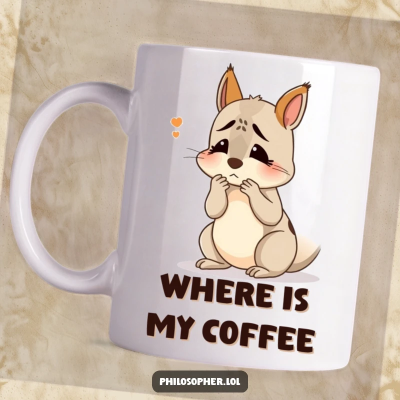 Funny confused squirrel mug: a squirrel scratching its head, looking bewildered, symbolizing confusion and contemplation.