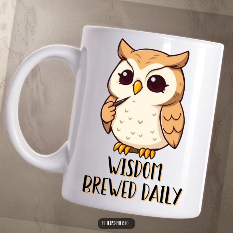 Funny Owl Mug: A determined owl strokes its chin thoughtfully. This humorous mug represents wisdom, perfect for a funny gift.