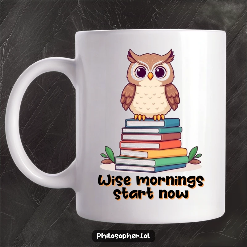 Funny owl mug featuring a proud owl perched regally atop a stack of books, exuding wisdom and wit.