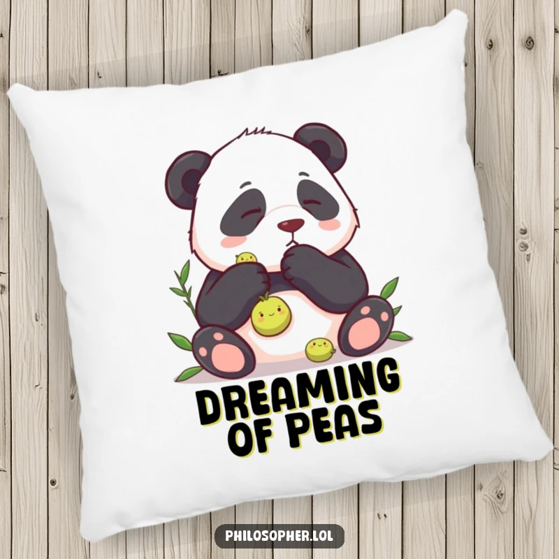 Funny pillow depicting a panda engrossed in deep thought about a single pea, offering comfort and hilarious decoration.