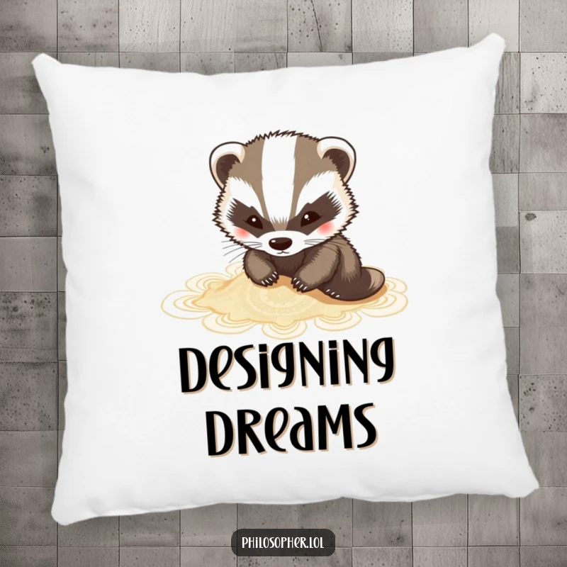 Funny badger pillow featuring a charming badger creating intricate sand art, perfect for creative comfort.