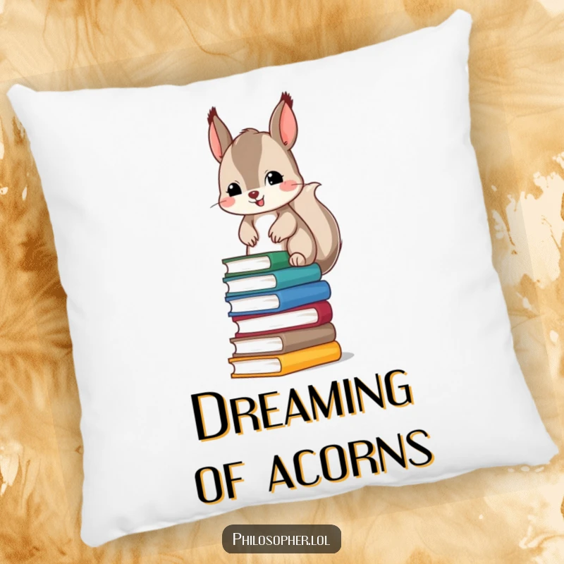Funny pillow featuring a mischievous squirrel attempting to balance a tall stack of books, ideal for comfortable and humorous lounging.