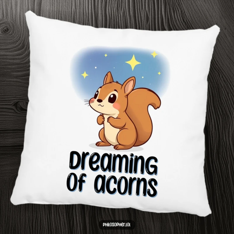 Funny pillow showcasing a determined squirrel gazing up at a magnificent starry sky, offering comfort and inspirational dreams.