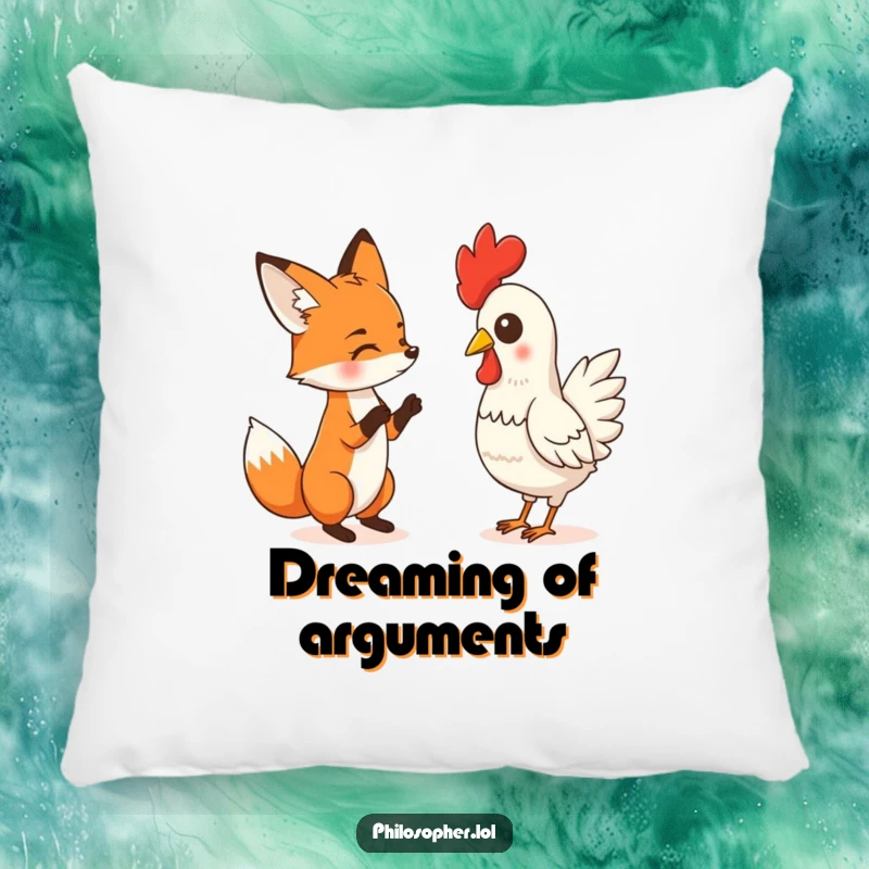 Funny pillow featuring a fox in a comical debate with a rubber chicken, providing a soft, humorous accent and a touch of playful absurdity.
