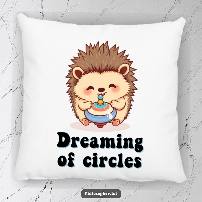 Funny hedgehog pillow featuring a happy hedgehog contemplating a spinning top, offering soft, humorous comfort.