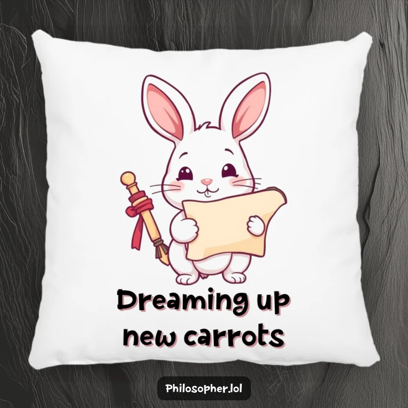 Funny Rabbit Pillow: A playful rabbit holds an inspired scroll. This soft, humorous pillow is perfect for cozy creativity, a funny gift.