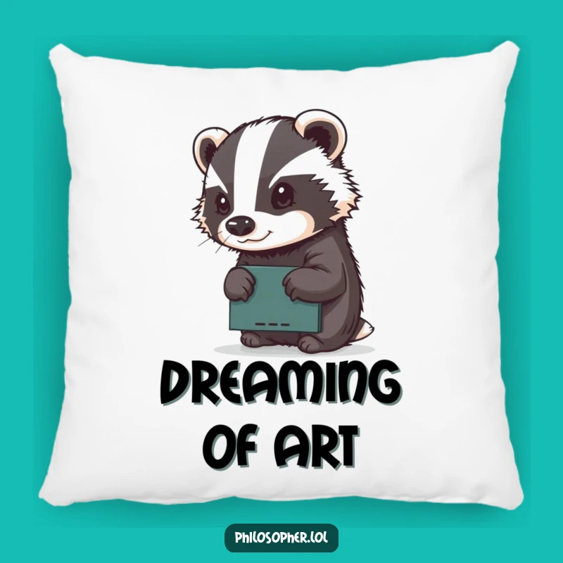 Funny Badger Pillow: Determined Artist Sketching, Cozy Creative Accent Gift
