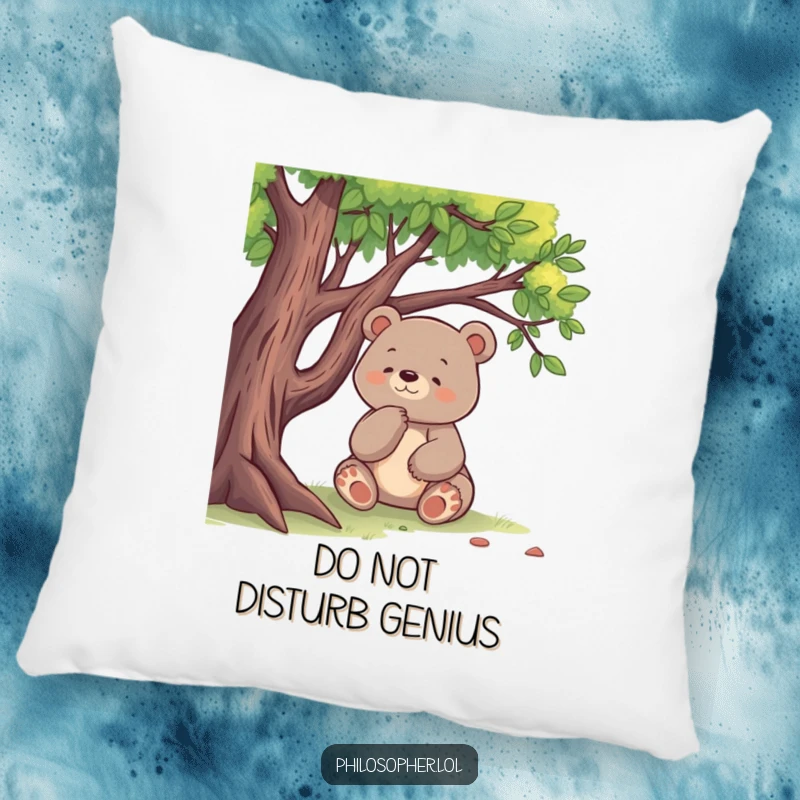 Funny pillow with a happy bear sitting under a tree, deep in thought, offering comfort and humor for relaxation.