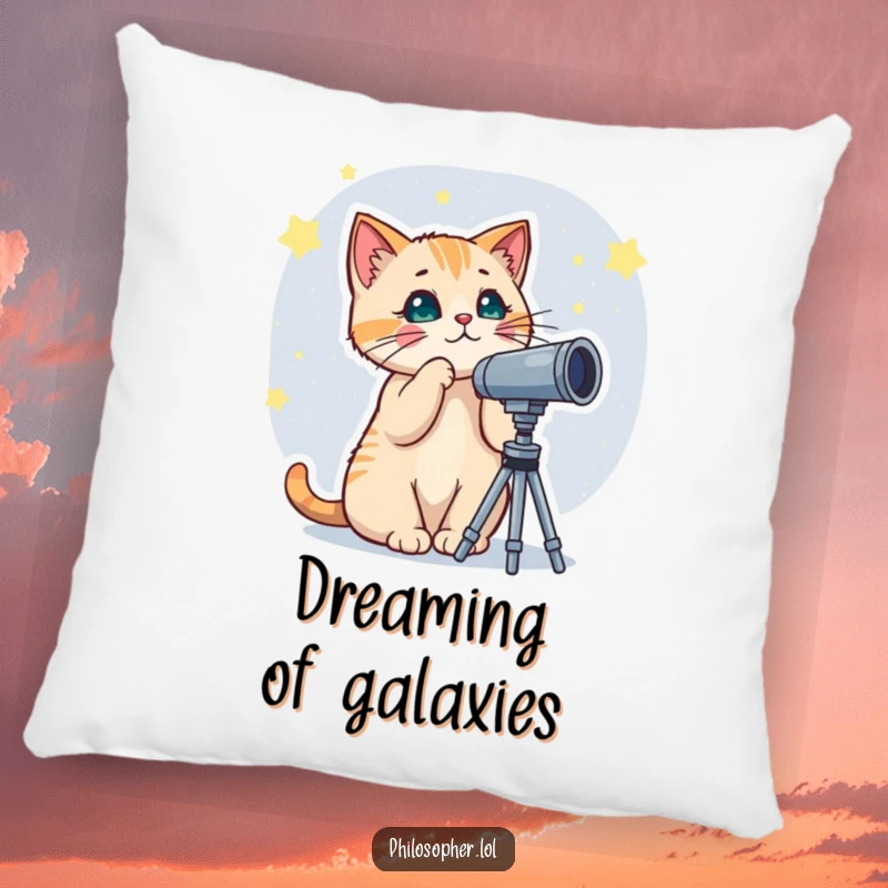Funny pillow featuring a curious cat with a telescope, gazing at stars, perfect for adding a touch of celestial wonder.