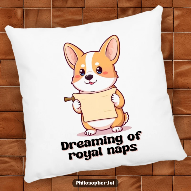 Funny corgi pillow featuring a determined corgi holding a tiny scroll, offering soft, humorous comfort.