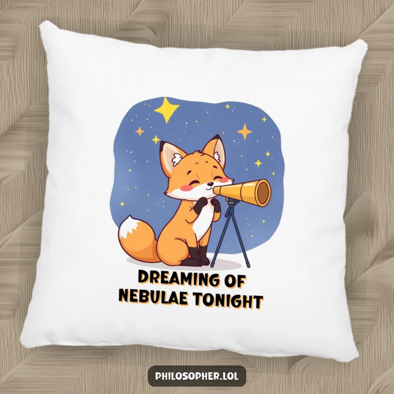 Funny Fox Pillow: A curious fox with a telescope looking at the stars. This soft, humorous pillow is a great funny gift.