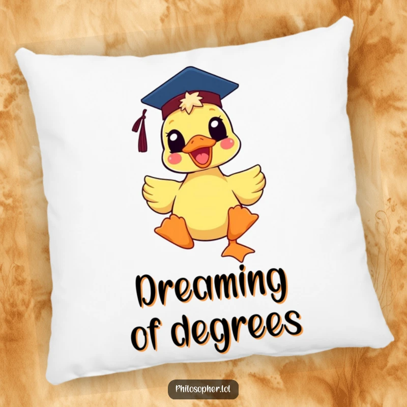 Funny delighted duck wearing a mortarboard hat, on a soft pillow, adding a touch of academic humor and cozy comfort.
