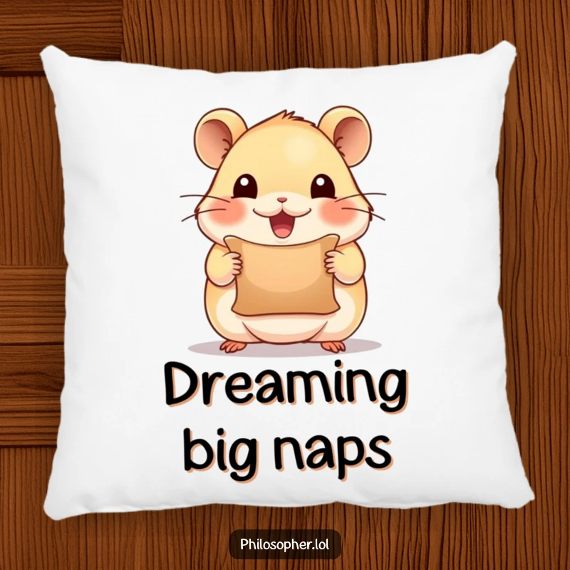 Funny pillow with a beaming hamster holding a tiny scroll, looking inspired, offering cozy comfort and motivational humor.