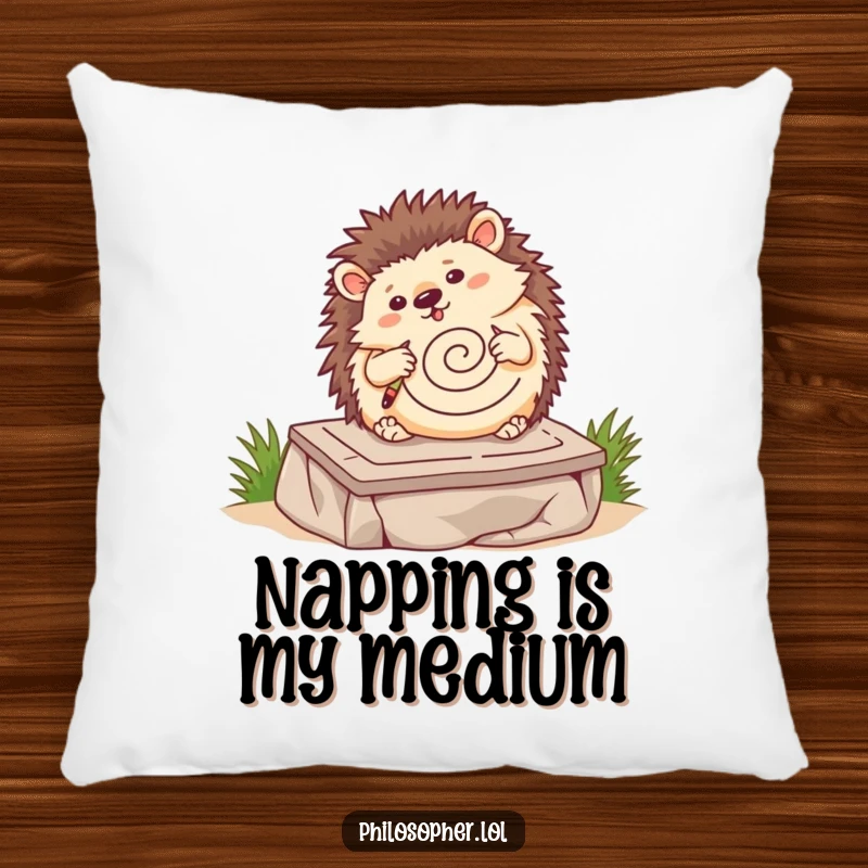 Funny hedgehog pillow, wobbling hedgehog drawing a spiral on a stone tablet, decorative cushion, cute animal design.