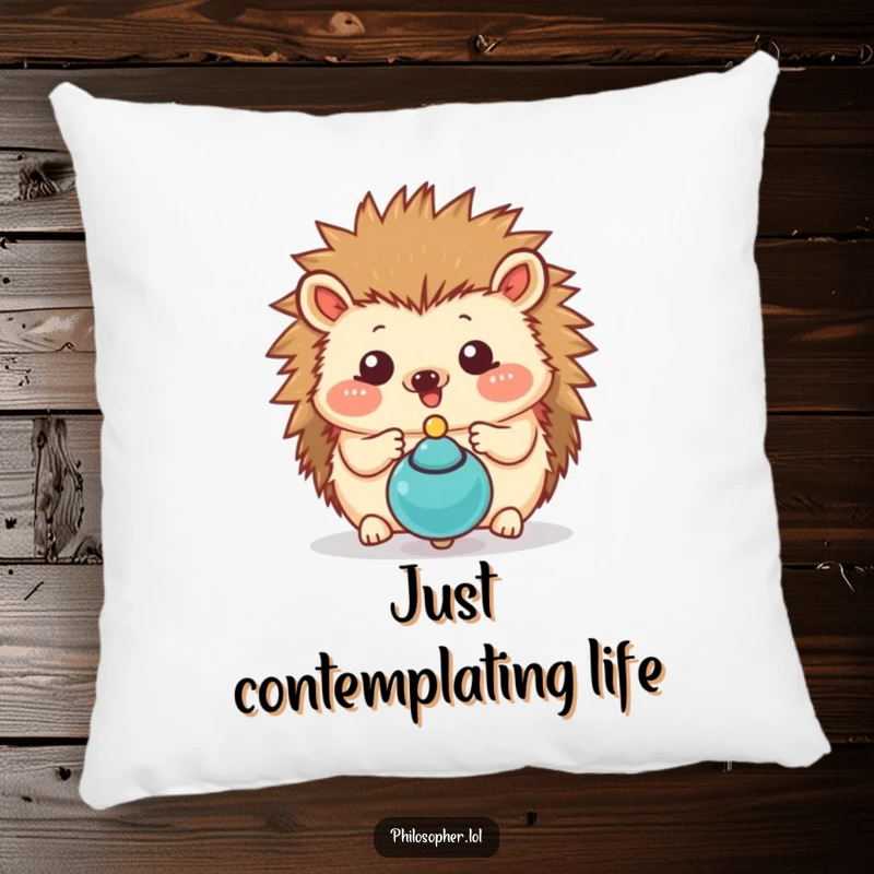 Funny hedgehog pillow featuring a happy hedgehog contemplating a spinning top, offering comfort and a dose of quirky humor.
