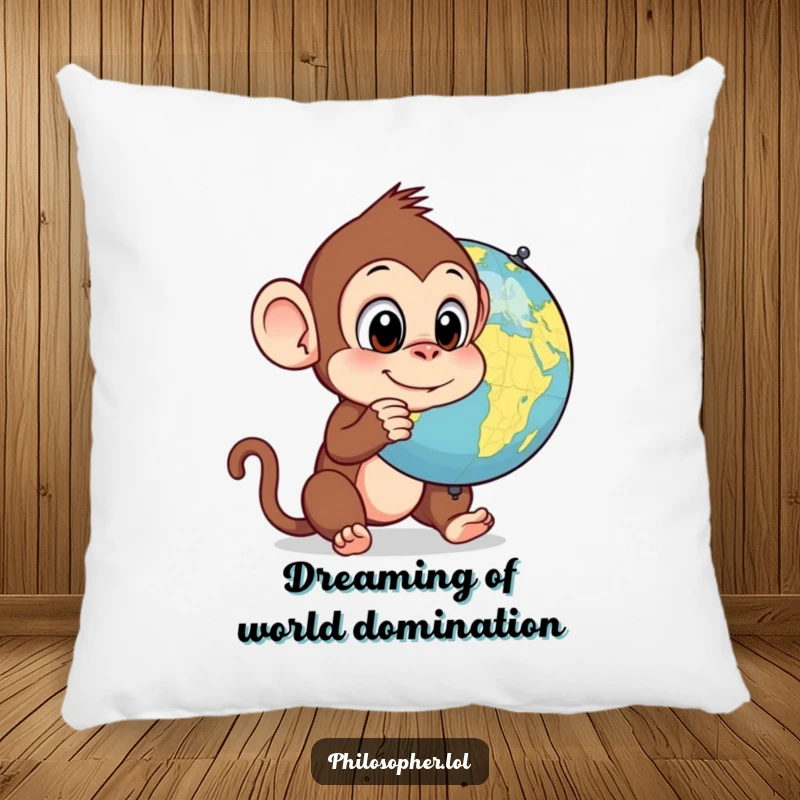 Funny monkey pillow, soft cushion, silly primate contemplating a spinning globe, comfortable and humorous home decor.